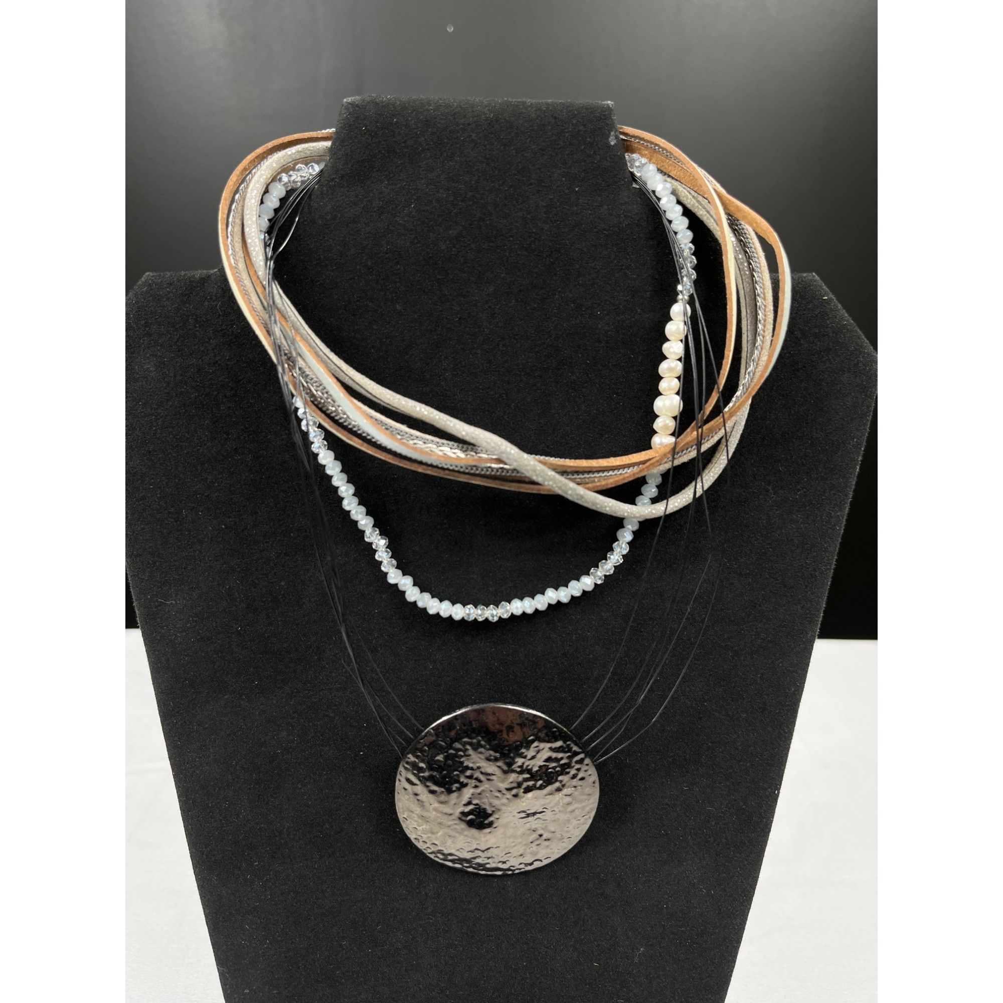 Vintage Multi Strand Necklace SKU 7857 With Large Hammered Silver Di Size ONE SIZE - 1 Thumbnail