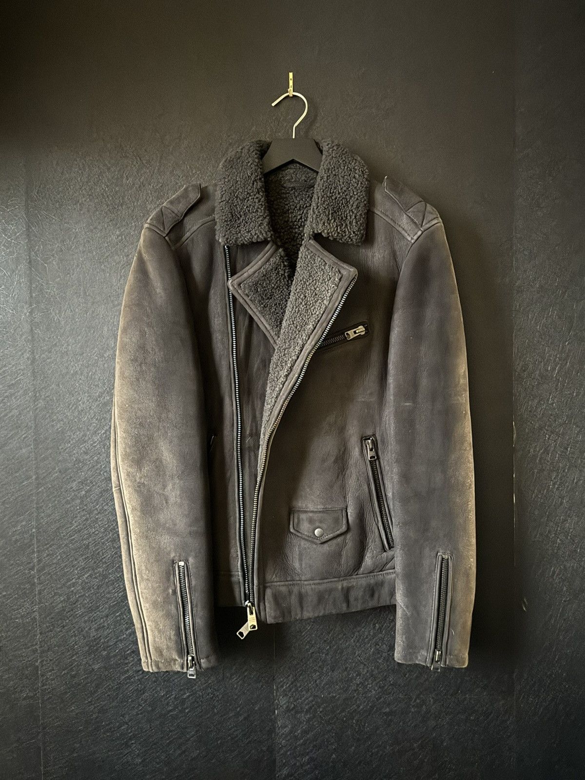 Allsaints All Saints Karson Sheepskin Shearling Biker JKT (Anthracite) Size US M / EU 48-50 / 2 - 3 Thumbnail