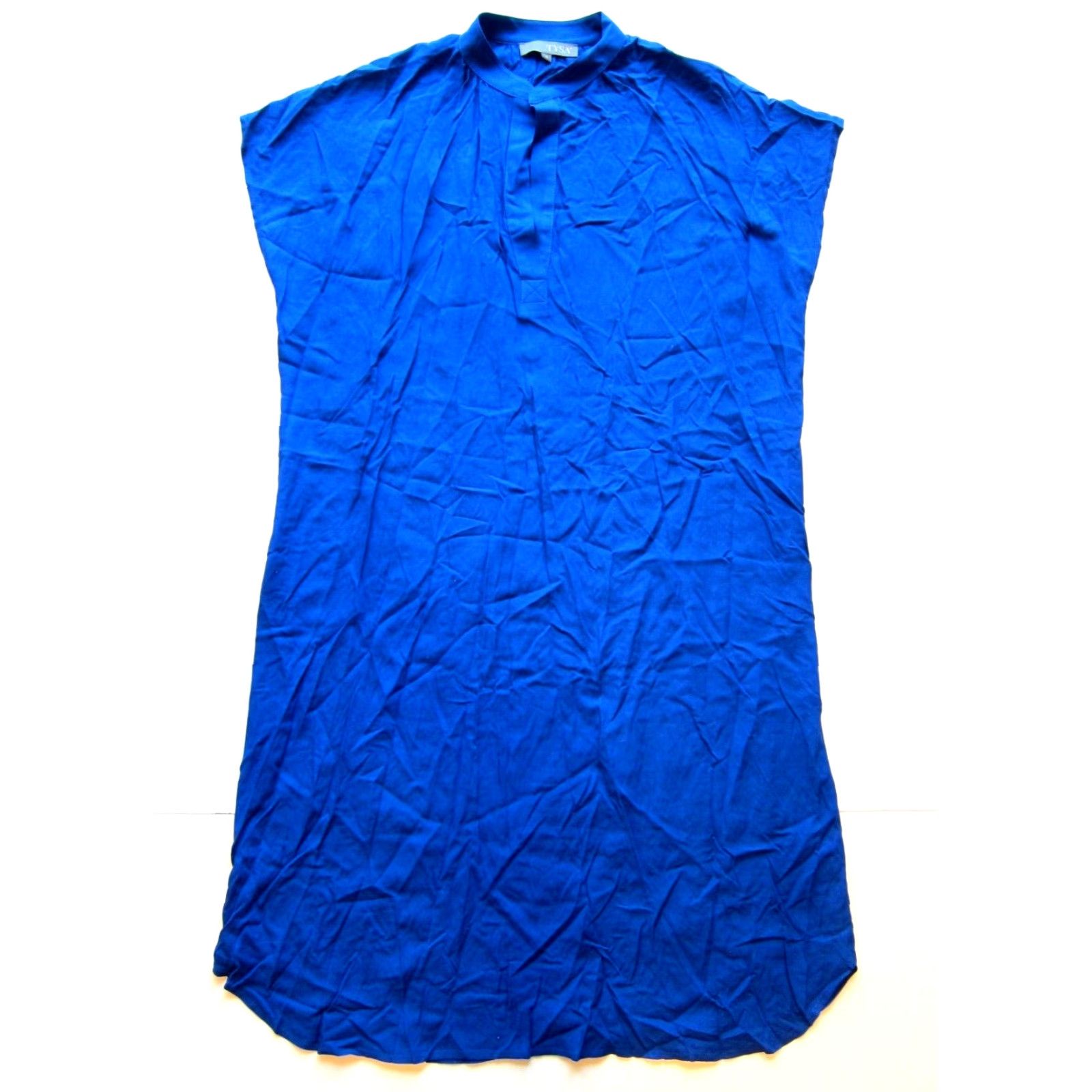 Vintage TYSA Rayon Blue V-Neck Cap Sleeve Tunic Sheath Shift Shirt Dress 4 Large Size S / US 4 / IT 40 - 2 Thumbnail