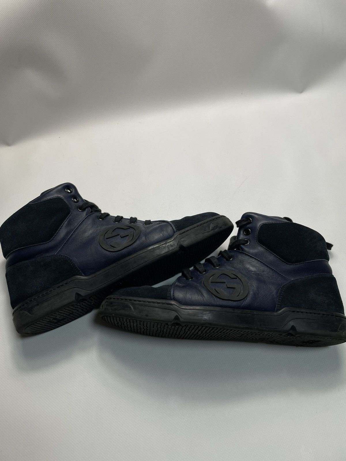 Gucci Gucci Navy Blue Leather Suede Interlocking High-Top Sneakers Size US 9 / EU 42 - 6 Thumbnail
