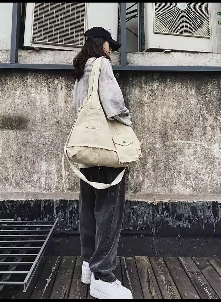 Japanese Brand Large Canvas Messenger Bag y2k japanese style alt faded Size ONE SIZE - 4 Thumbnail