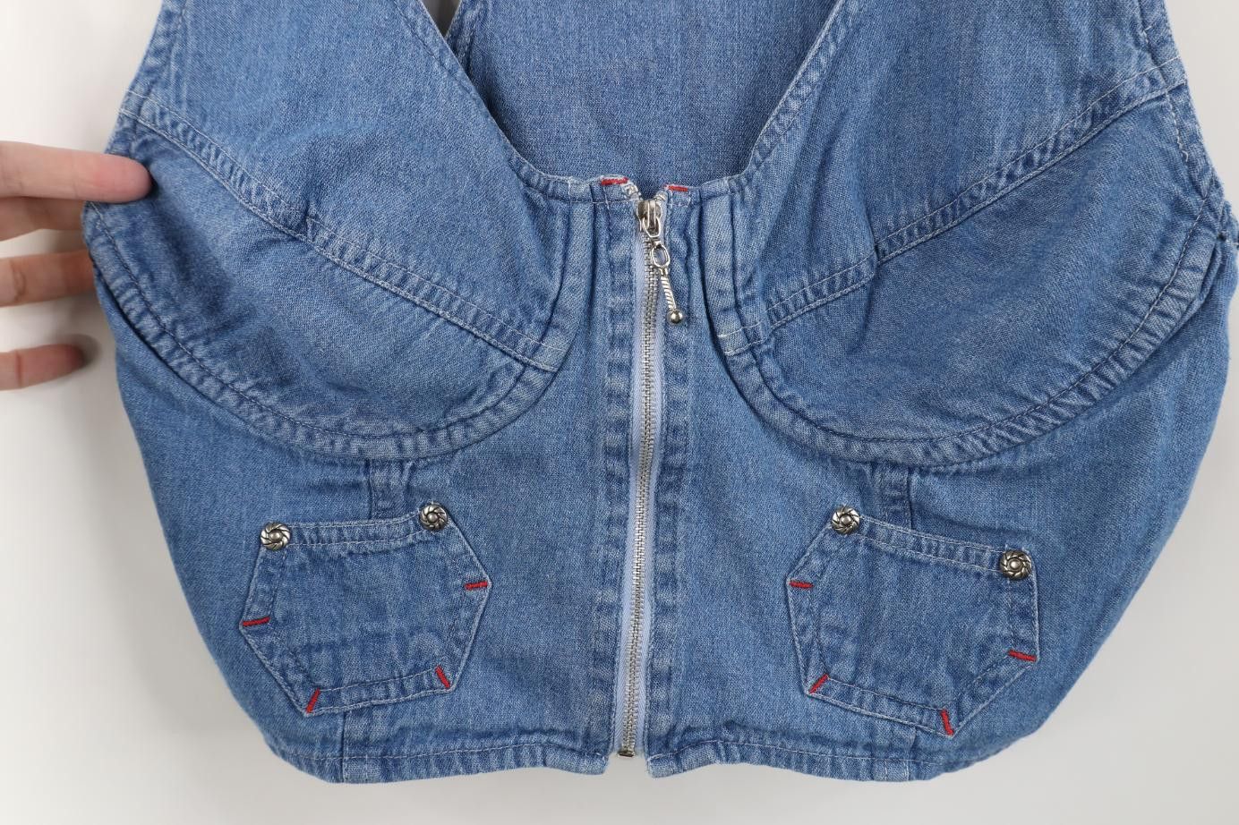 Vintage Vintage 90s Y2K Babydoll Front Zip Denim Jean Bra Shirt Blue Size L / US 10 / IT 46 - 4 Thumbnail