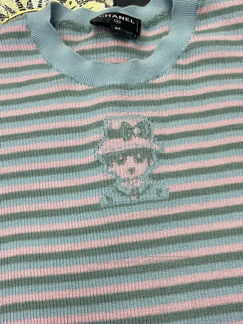 Chanel Chanel 25B pink blue striped cashmere short sleeves Size XS / US 0-2 / IT 36-38 - 2 Thumbnail