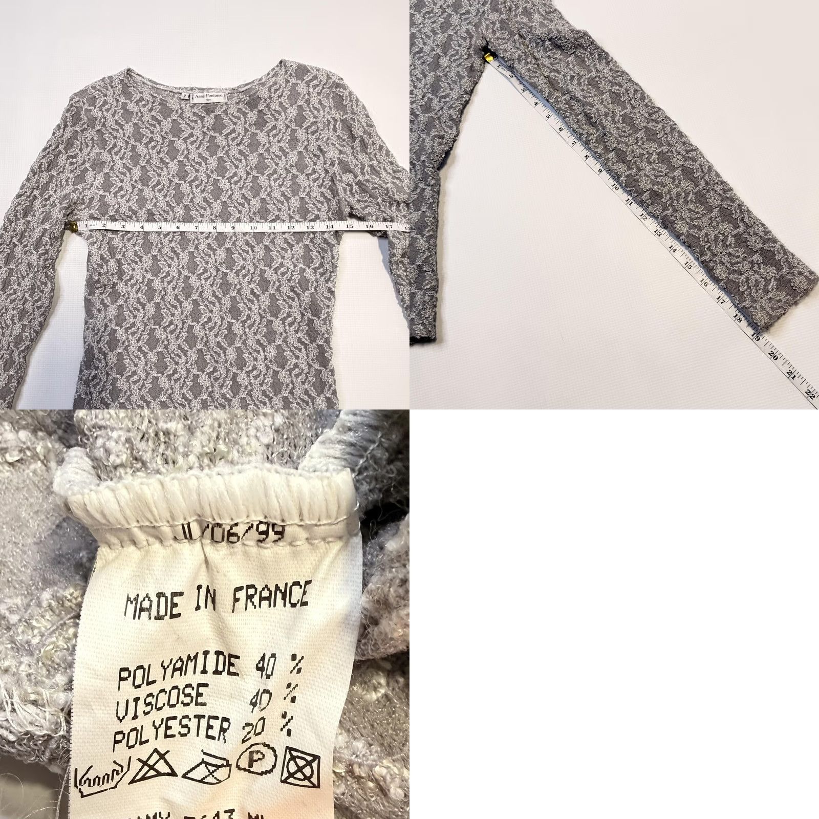 ANNE FONTAINE VINTAGE Anne Fontaine Blouse Womens 2 Gray Lace Sheer Boat Neck Long Sleeve Top 90s Party/Cocktail Womens Size XS / US 0-2 / IT 36-38 - 8 Thumbnail
