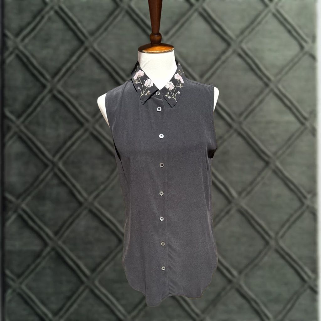 Equipment Equipment Femme Blouse Sleeveless Silk Button Front Embroidered Collar Black S Adult Womens Size S / US 4 / IT 40 - 1 Thumbnail