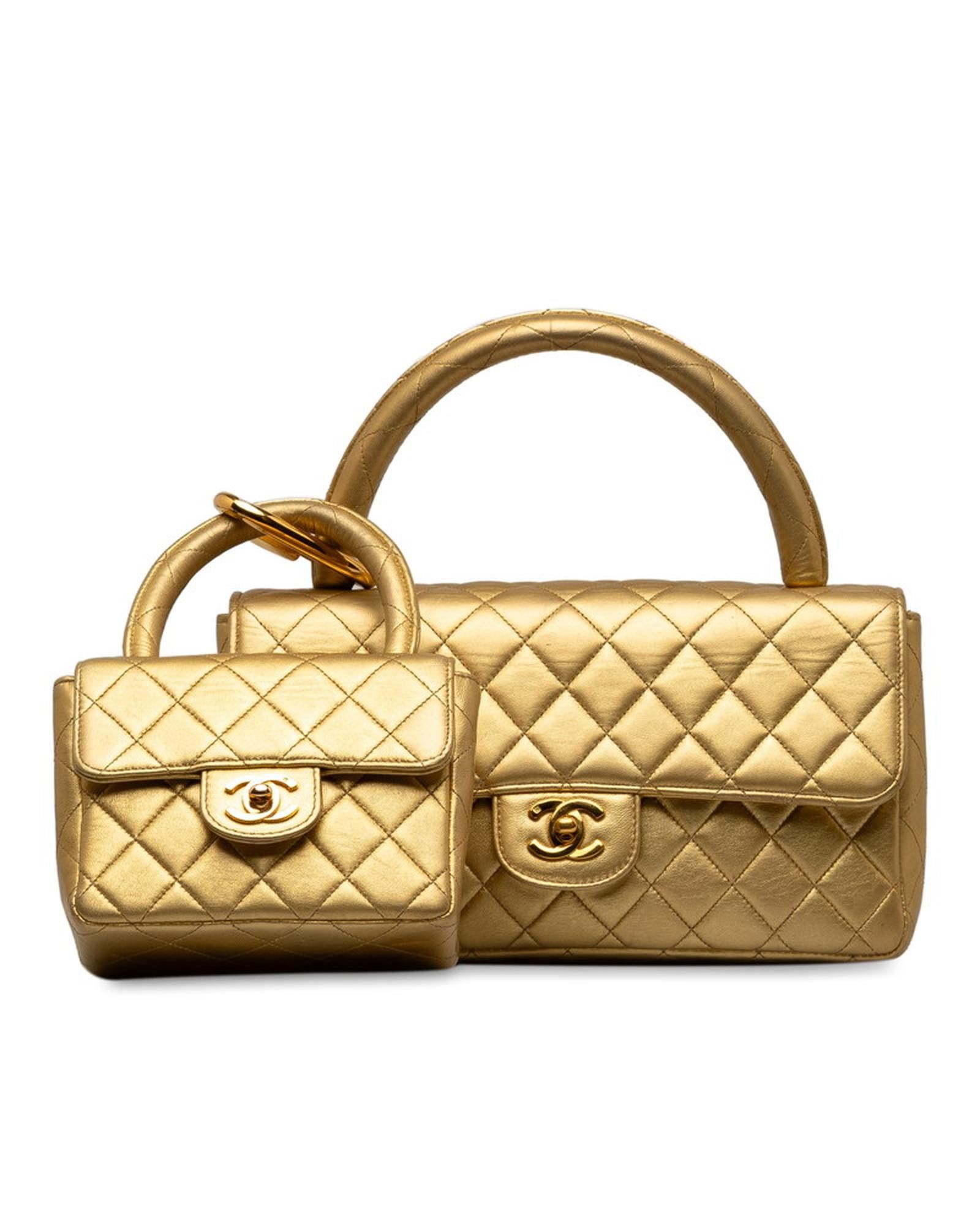 image of Chanel Quilted Leather Parent & Child Handbag Set In Ab Condition in Gold, Women's