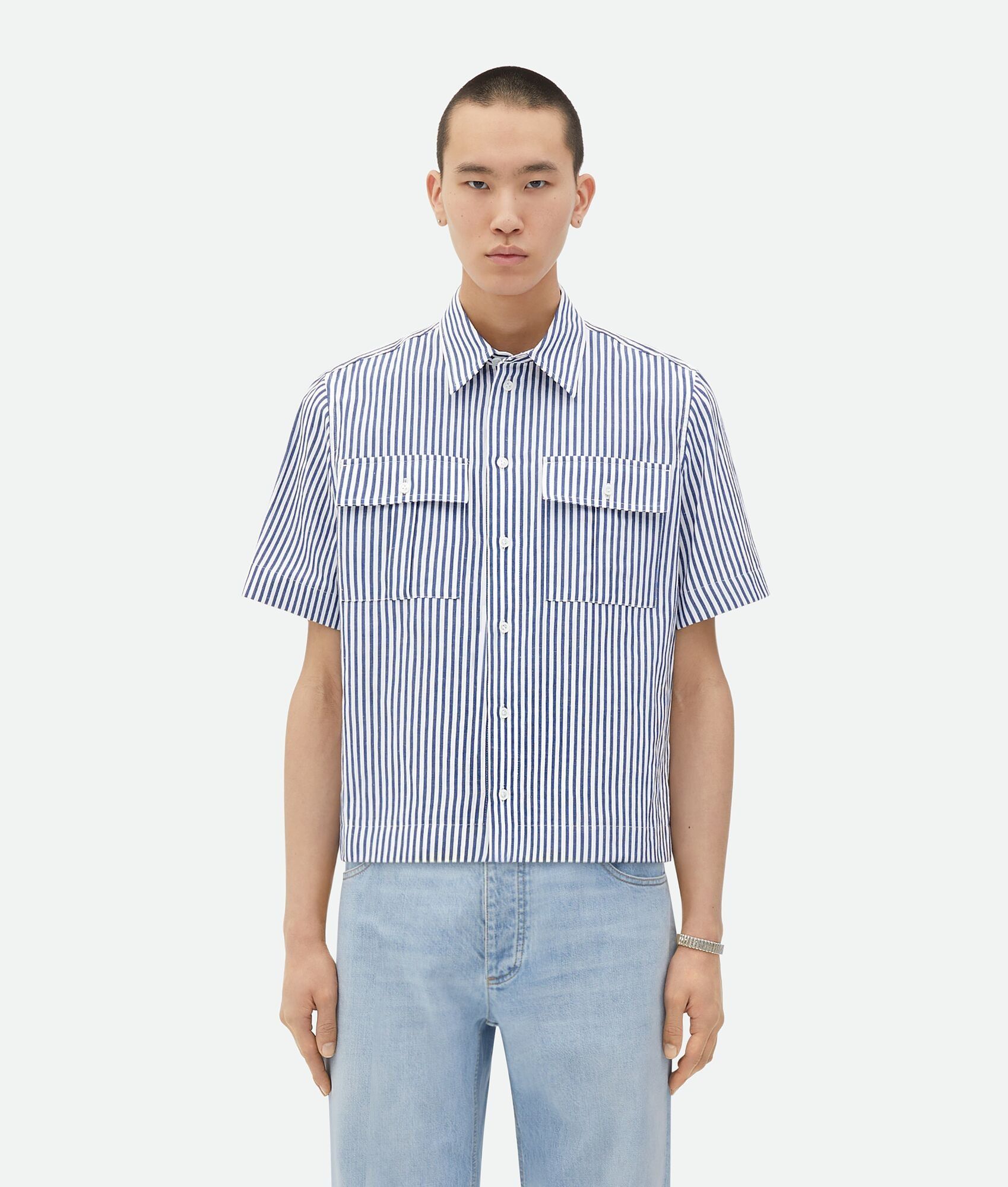 Bottega Veneta o1n1vont0125 Short-Sleeved Cotton Linen Shirt in Blue/White Size US S / EU 44-46 / 1 - 1 Thumbnail