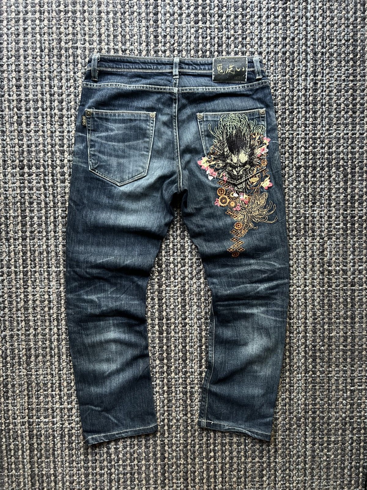 Japanese Brand 00’s Oniarai Vintage Y2K Embroided Demon Jeans Size US 31 - 1 Thumbnail