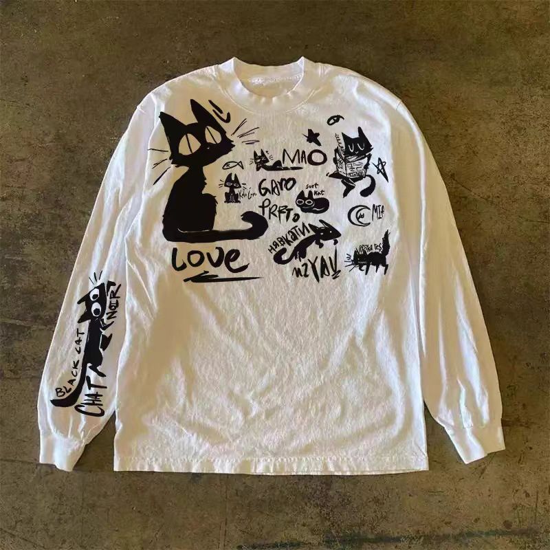 Japanese Brand White retro black cat print long-sleeved t-shirt Size US M / EU 48-50 / 2 - 1 Thumbnail
