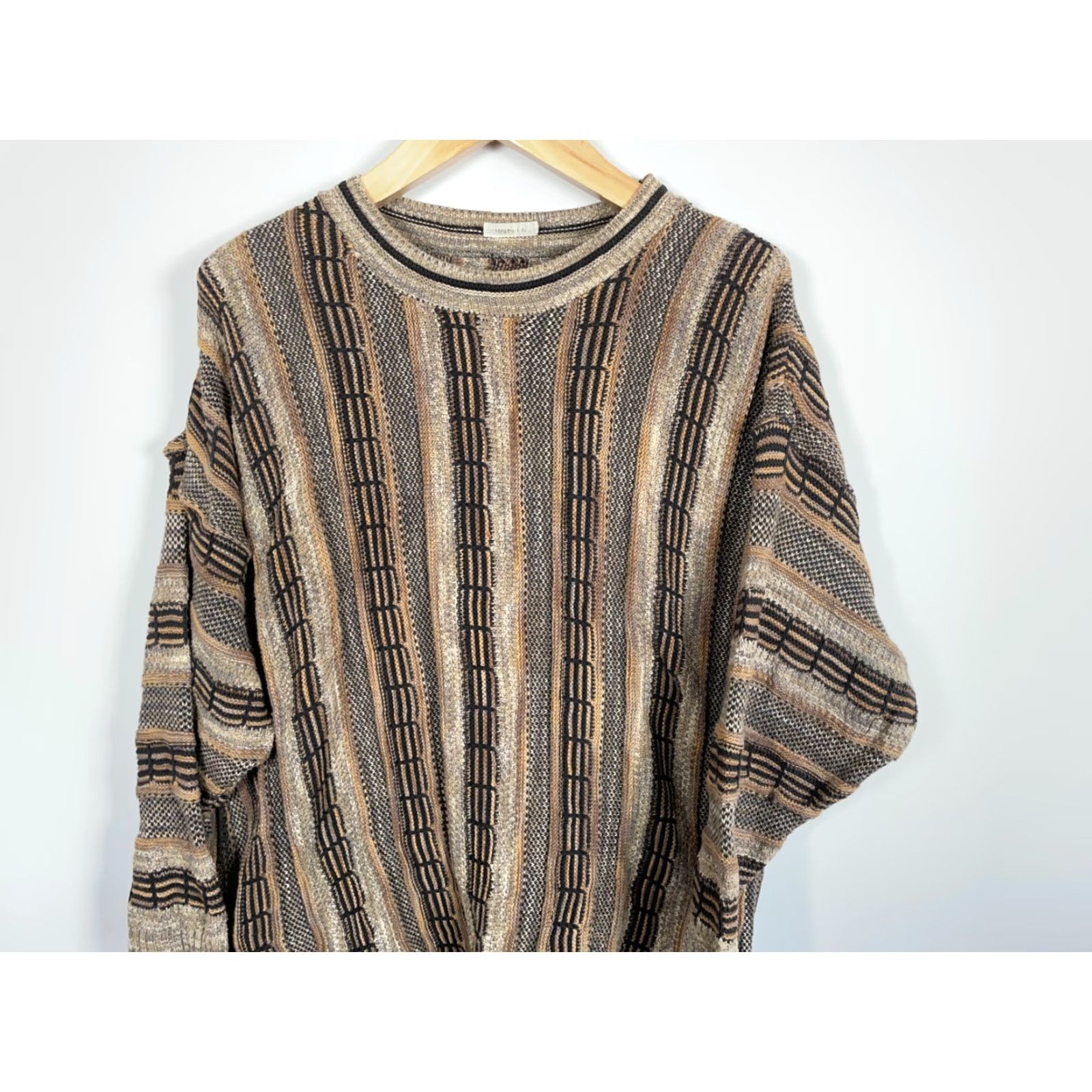 Coogi VINTAGE COOGI Style Sweater Mens XL Brown Beige Striped Crew Neck Chunky-Knit Pullover 90s Hip Hop Size US XL / EU 56 / 4 - 4 Thumbnail