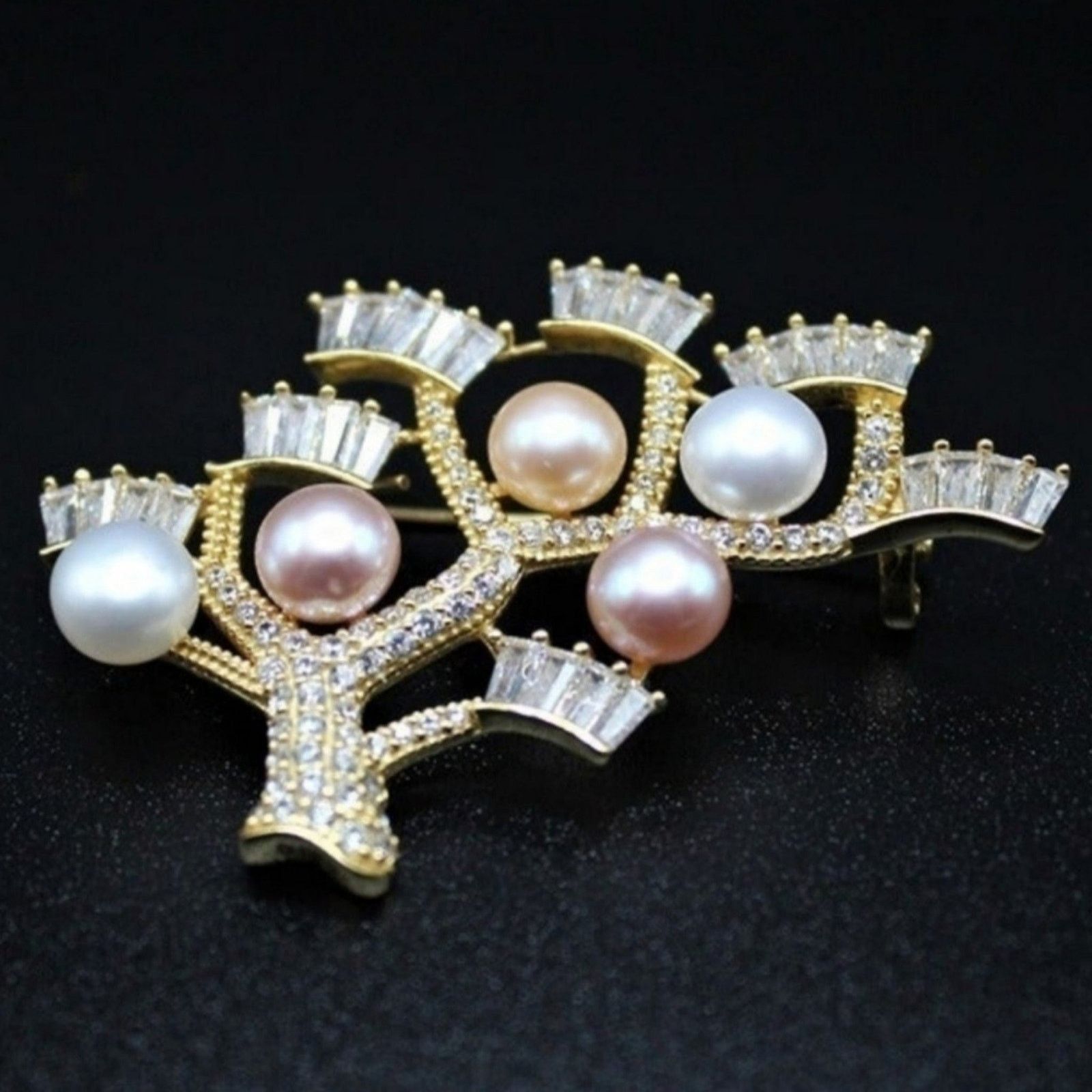 Freshwater Pearl Tree Brooch Cubic Zirconia Gold Plated NWT