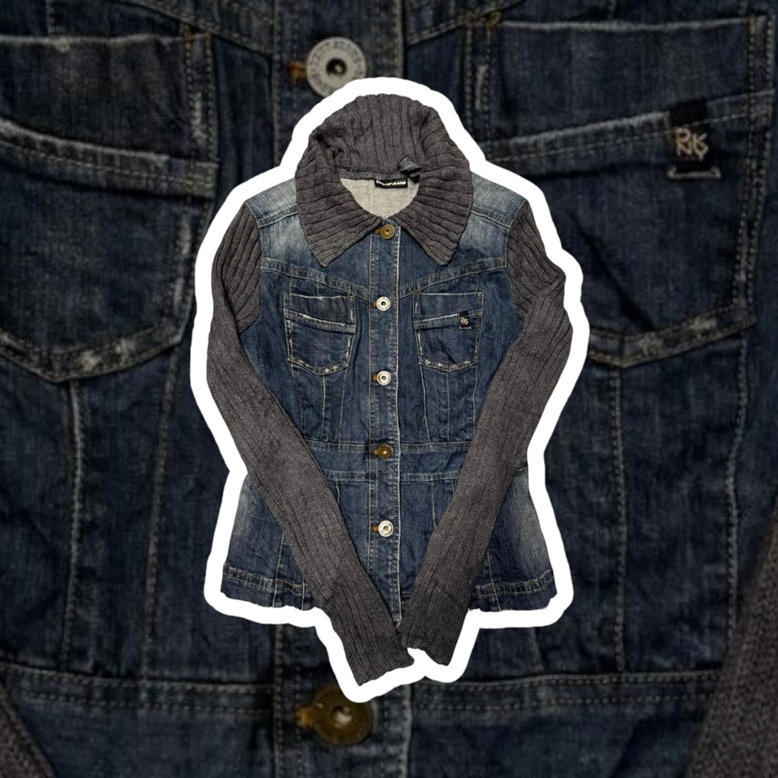 Designer DKNY Jeans Women's Denim Jacket with Knit Sleeves Size US M / EU 48-50 / 2 - 1 Thumbnail