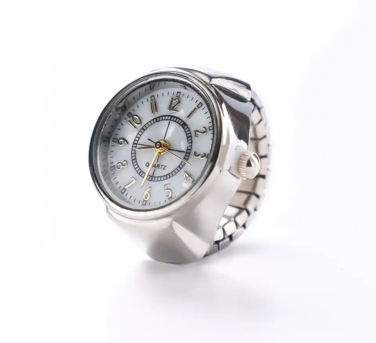 Jewelry x Ring Gold Plated Mini Elastic Strap Watch Adjustable Ring in Silver, Men's
