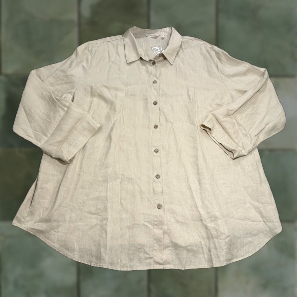 Soft Surroundings Soft Surroundings Blouse Adult 3X Beige Linen Button Up Collared Long Sleeve Women Size XXL / US 16-18 / IT 52-54 - 1 Thumbnail