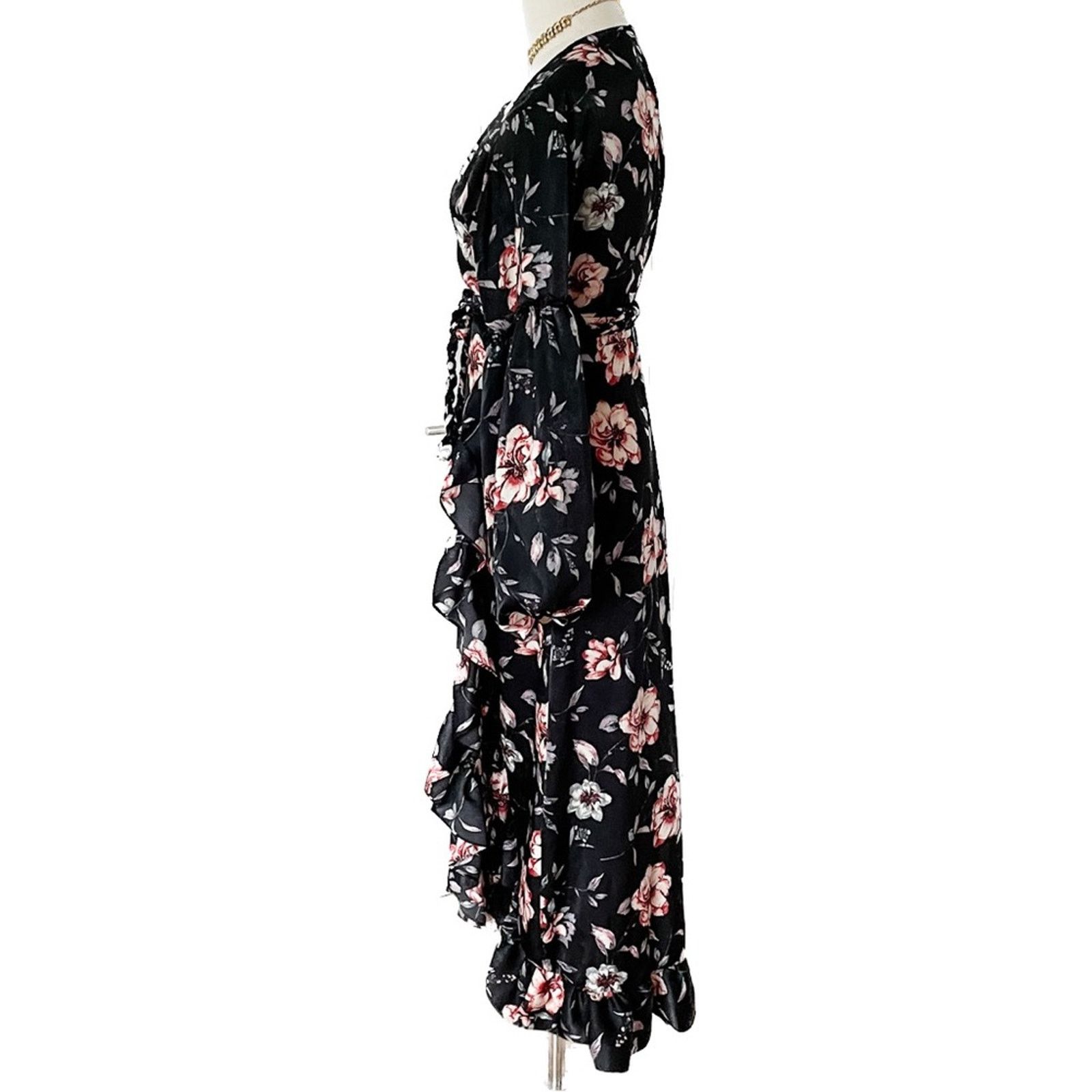 MISA Los Angeles MISA LA Luna Black Floral Satin Bubble Sleeve Wrap Dress Size S / US 4 / IT 40 - 5 Thumbnail