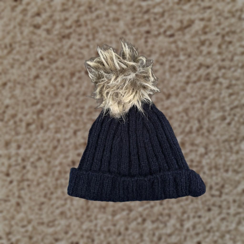 Topshop Topshop Beanie Adult One Size Blue Knit Acrylic Faux Fur Pom Hat Unisex Adults Mens Womens 90s Outdoor Ski Style Size ONE SIZE - 1 Thumbnail