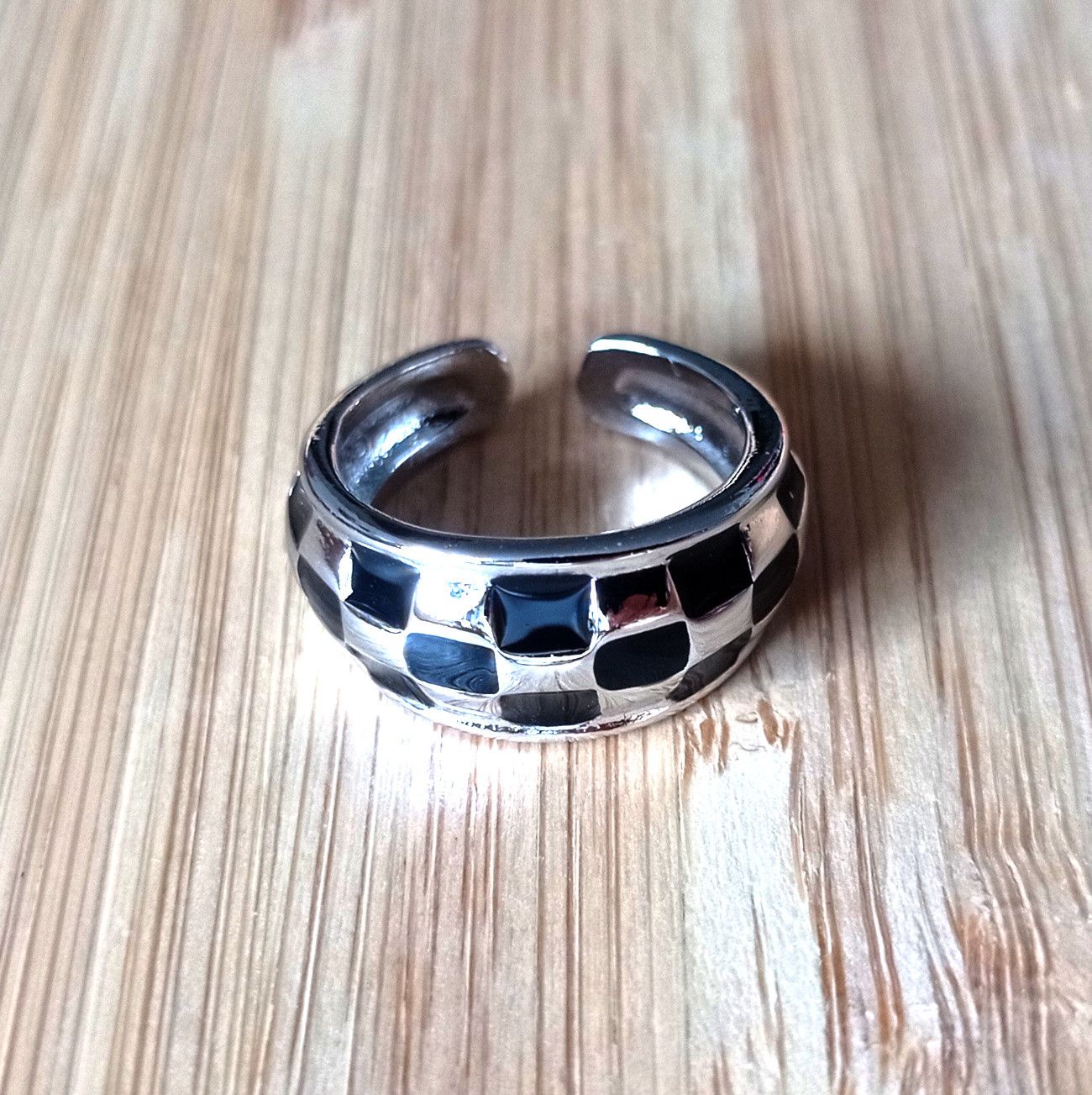 Designer × Vintage Punk Shine Contrast Square Dots 925 Silver Ring Unique Size ONE SIZE - 2 Thumbnail
