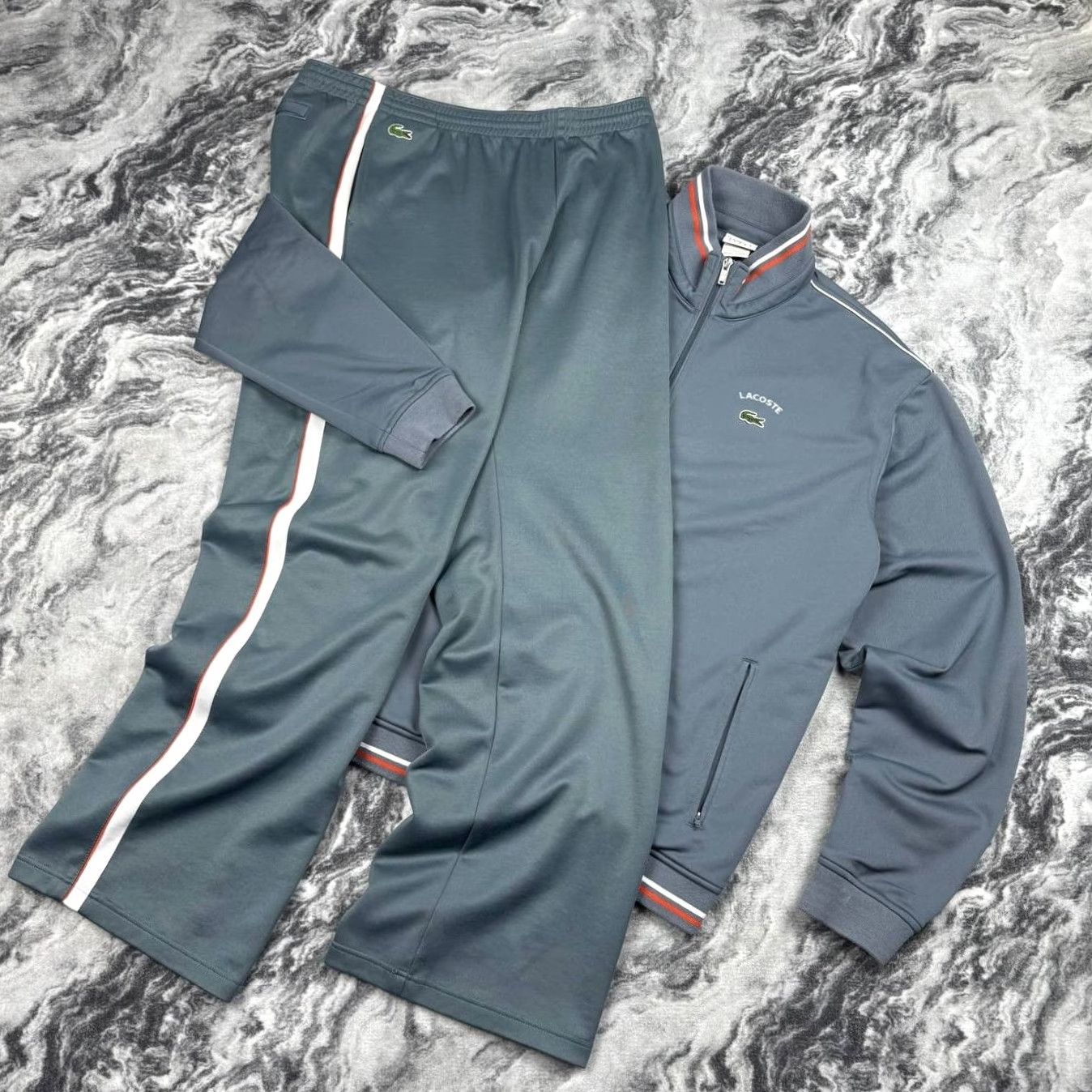 Lacoste VINTAGE Lacoste Track Suit Jacket And Pants Men 2XL Gray Tracksuit Set Logo Pockets Zipper Activewear Size 48R - 2 Thumbnail