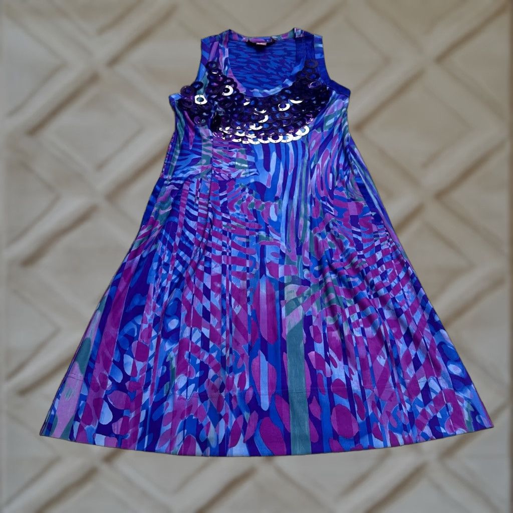 Vintage VINTAGE Argenti Shift Dress Womens 8 Blue Geometric Scoop Neck Embellished Midi Sleeveless Size M / US 6-8 / IT 42-44 - 1 Thumbnail