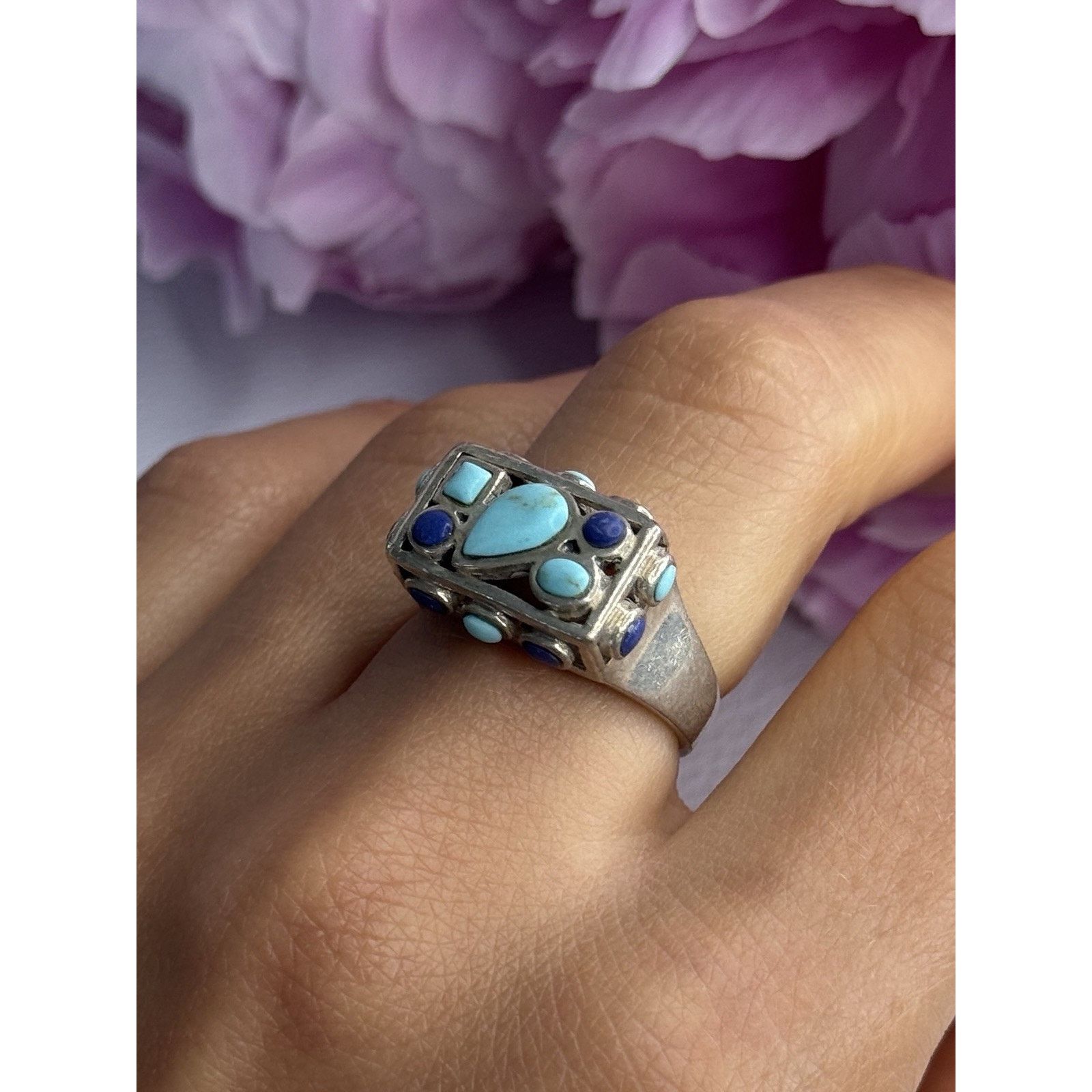 Jewelry 925 STERLING SILVER TURQUOISE & SODALITE RING SIZE 7.5 Size ONE SIZE - 8 Thumbnail