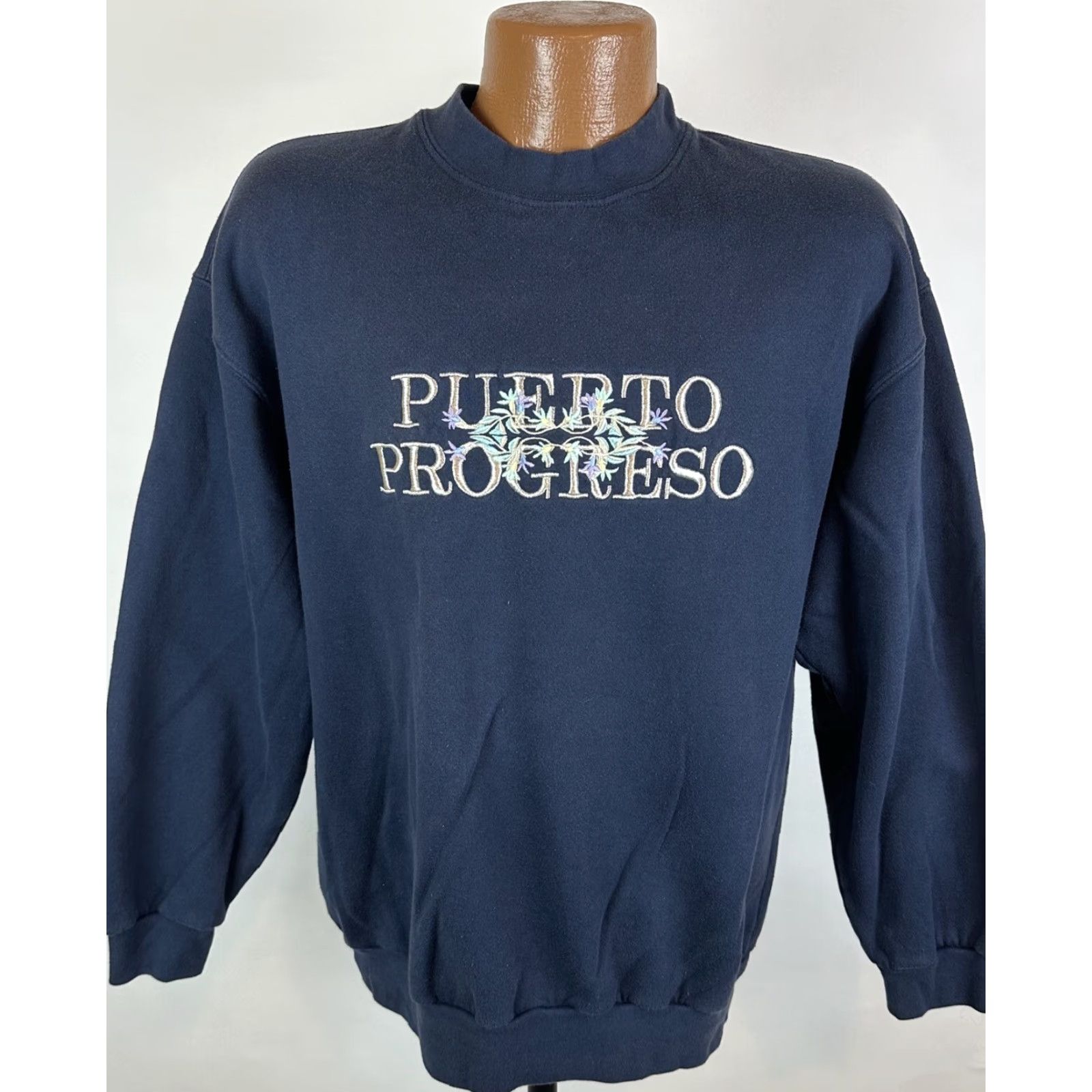 Vintage VINTAGE Puerto Progreso Sweatshirt XL Navy Embroidered 90s Cotton Blend Knit Crew Neck Pull over Men Size US XL / EU 56 / 4 - 2 Thumbnail