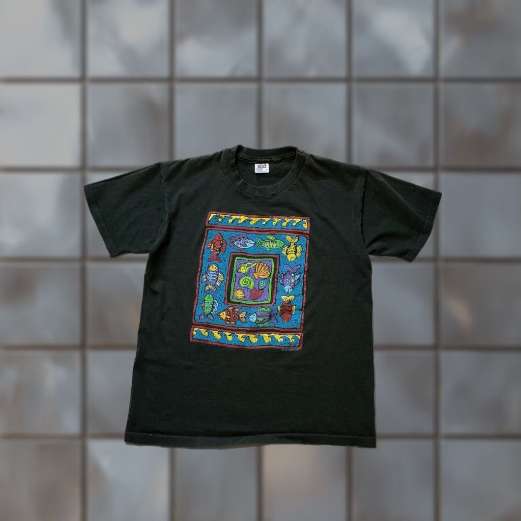 Anvil VINTAGE 1990s Lifestyles Fish Seashells Sea Ocean Nature Graphic Black T-Shirt LG Mens Size US L / EU 52-54 / 3 - 1 Thumbnail