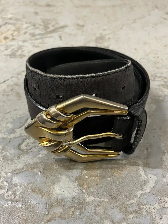 Versace 2000s Versace Golden Futuristic V Black Leather Belt Size ONE SIZE - 2 Thumbnail