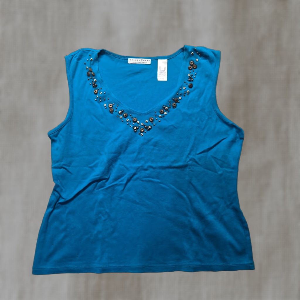 Vintage Crazy Horse Shirt Women XL Blue Sleeveless Crew Neck Tank Top Adult Size XL / US 12-14 / IT 48-50 - 1 Thumbnail
