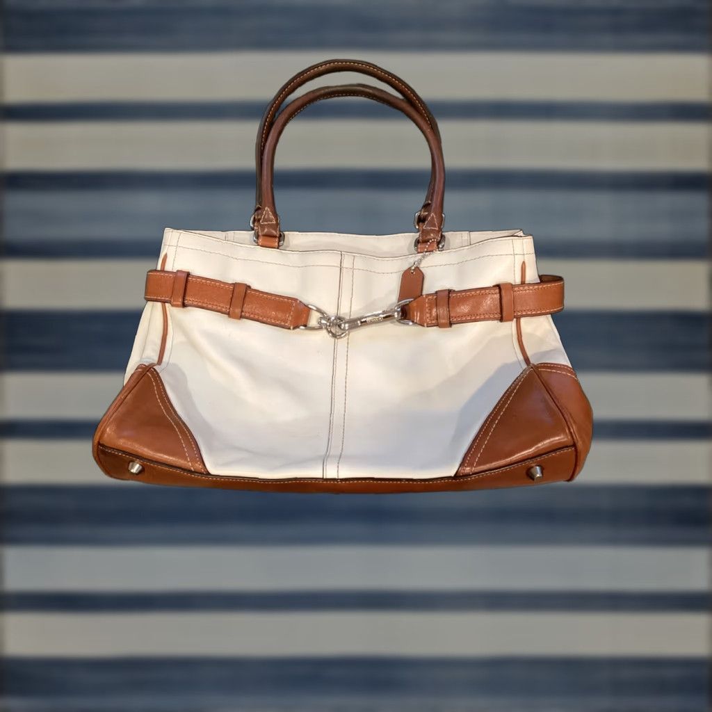 Vintage Coach Hampton Satchel White Brown Leather Handbag Classic Bag Satchel/top Handle Womens Medium Brown White 90's Designer Preppy