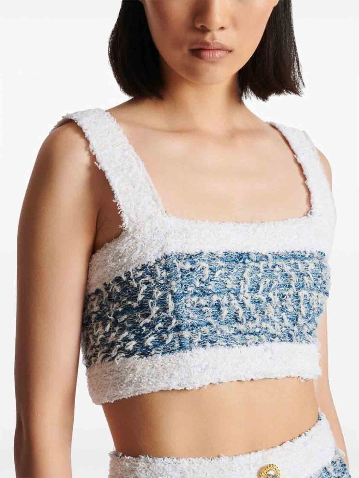 Balmain o1s1wg110825 Tweed Square Neck Top in Blue/White Size M / US 6-8 / IT 42-44 - 2 Thumbnail
