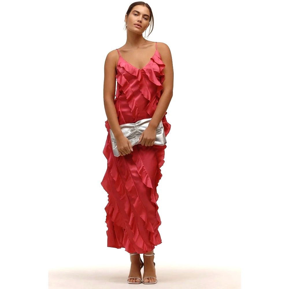 Anthropologie NWT Bias-Cut Ruffled Midi Dress $198 X-LARGE Pink V-neck Size XL / US 12-14 / IT 48-50 - 1 Thumbnail