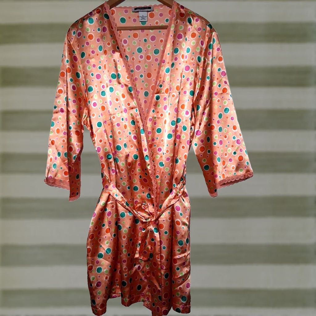 Vintage Vintage 1990s Leslie Fay Intimate Robe L Peach Satin Polka Dot Lace Trim READ Size ONE SIZE - 1 Thumbnail