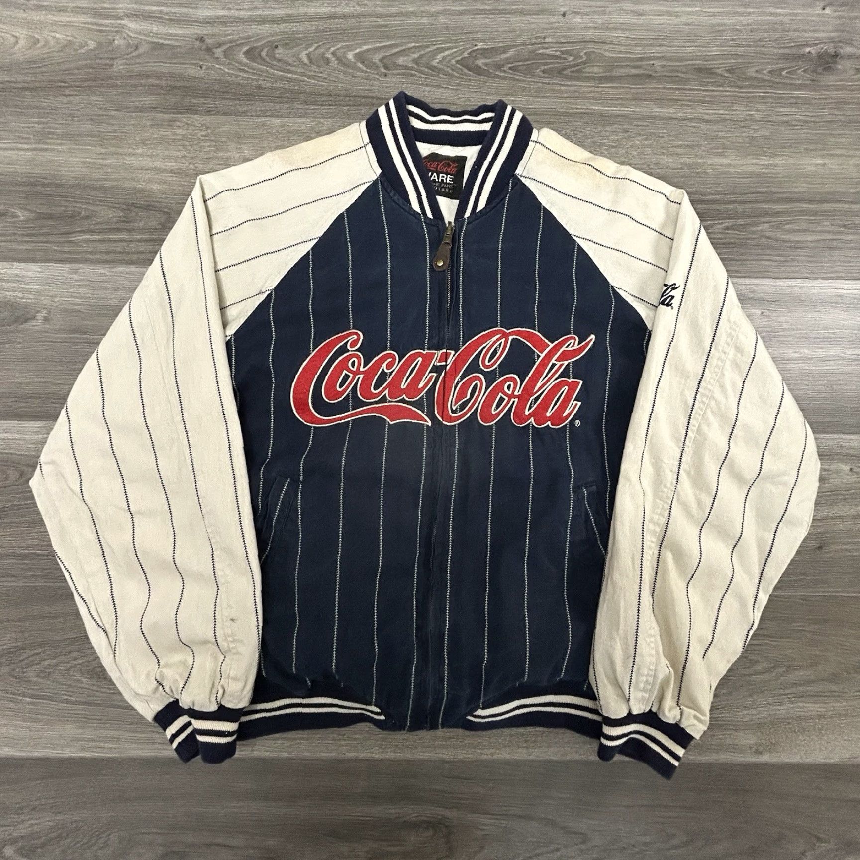 VINTAGE Coca-Cola Varsity Bomber Jacket Unisex Adults XL Multicolor Striped Reversible 80s 90s Sports Jacket