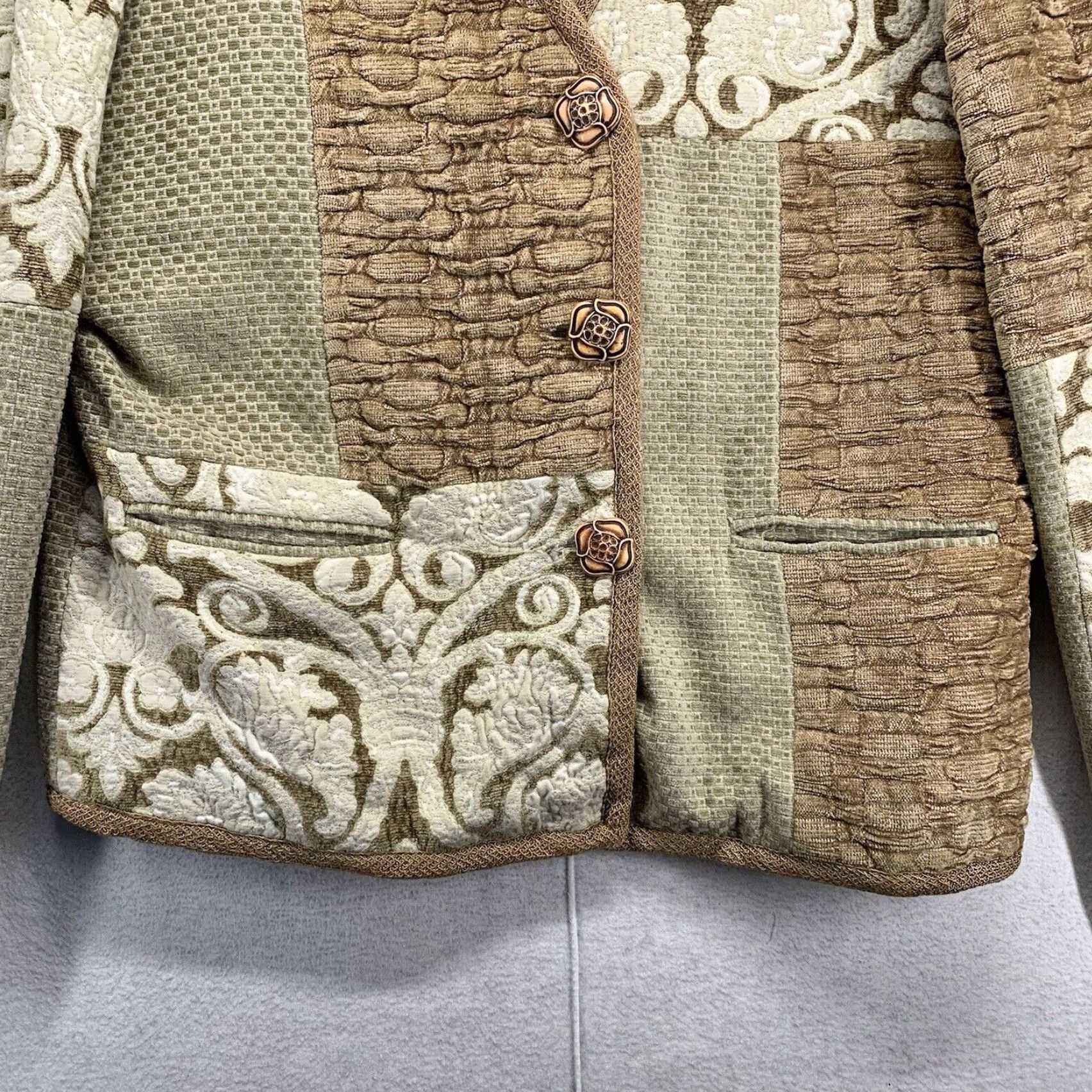 Vintage VINTAGE Max & Mabel Women's Beige Patchwork Rayon Jacket Size 1 Lined 80s 90s Size XS / US 0-2 / IT 36-38 - 4 Thumbnail