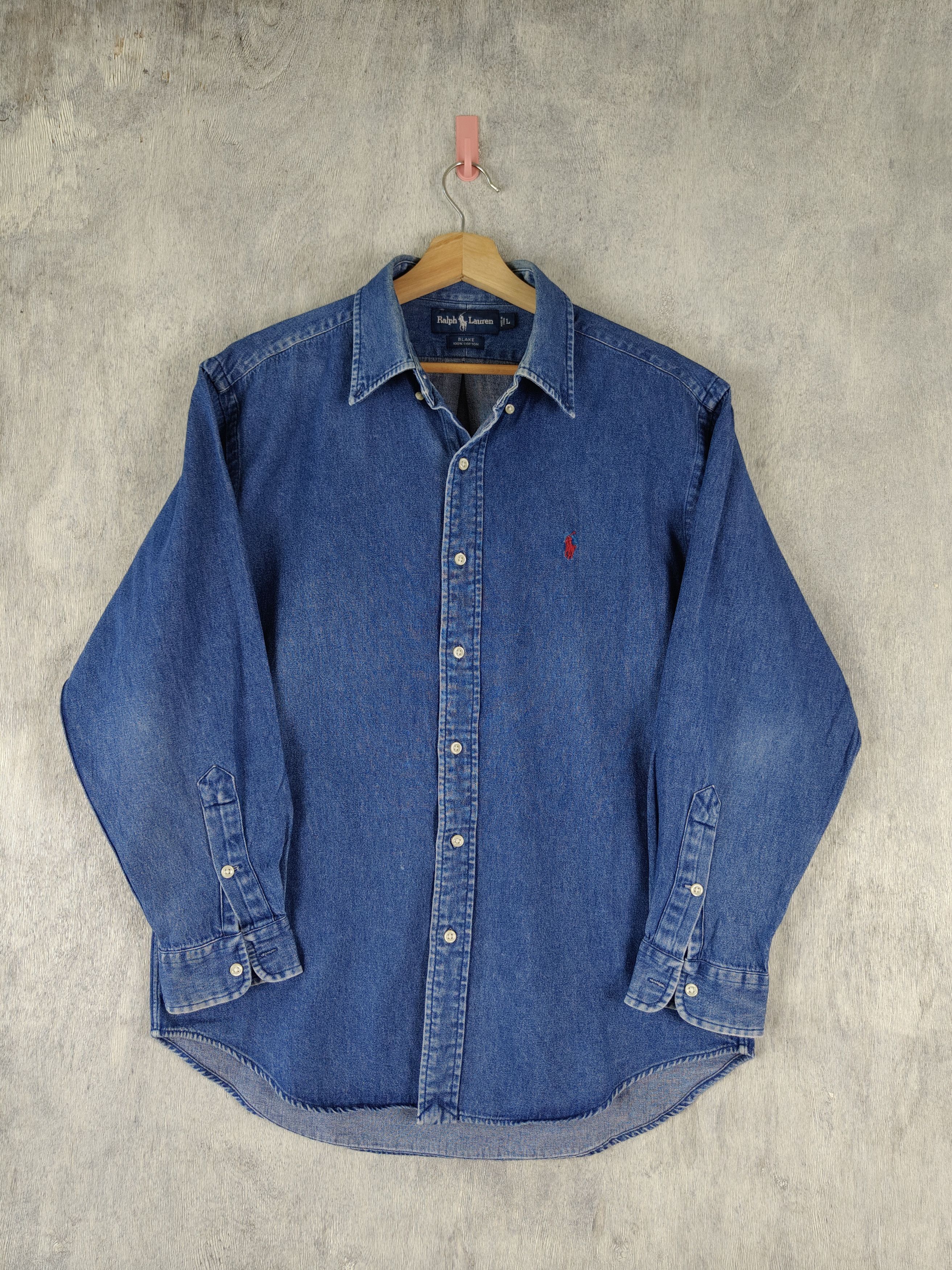 image of Vintage Polo Ralph Laurent Button Up Denim Shirt in Denim/Tan, Men's (Size Large)