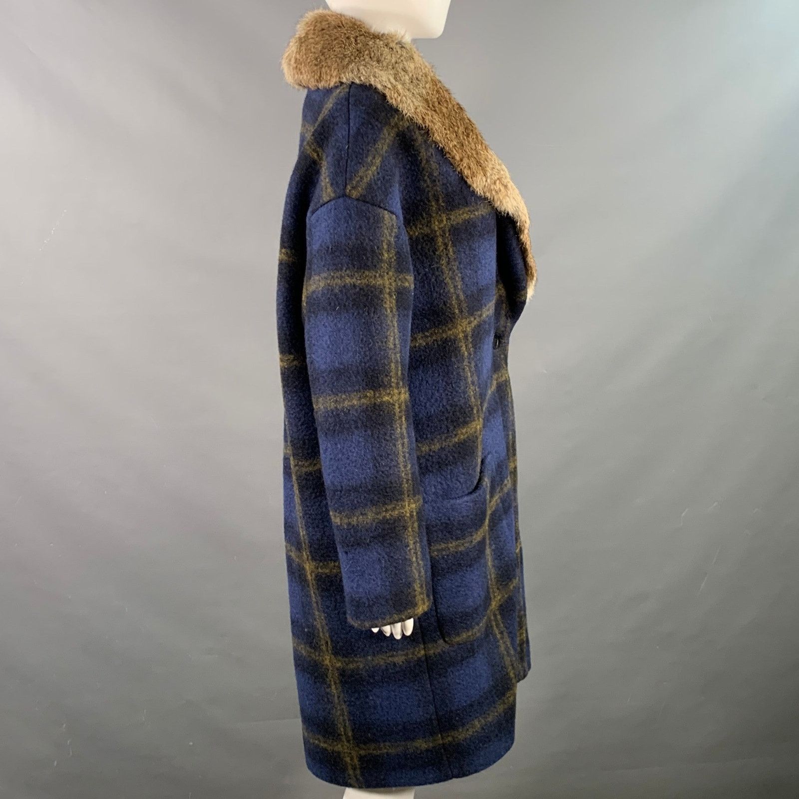 Band Of Outsiders Size S Blue Tan Wool Blend Plaid Rabbit Fur Collar Coat Size S / US 4 / IT 40 - 4 Thumbnail