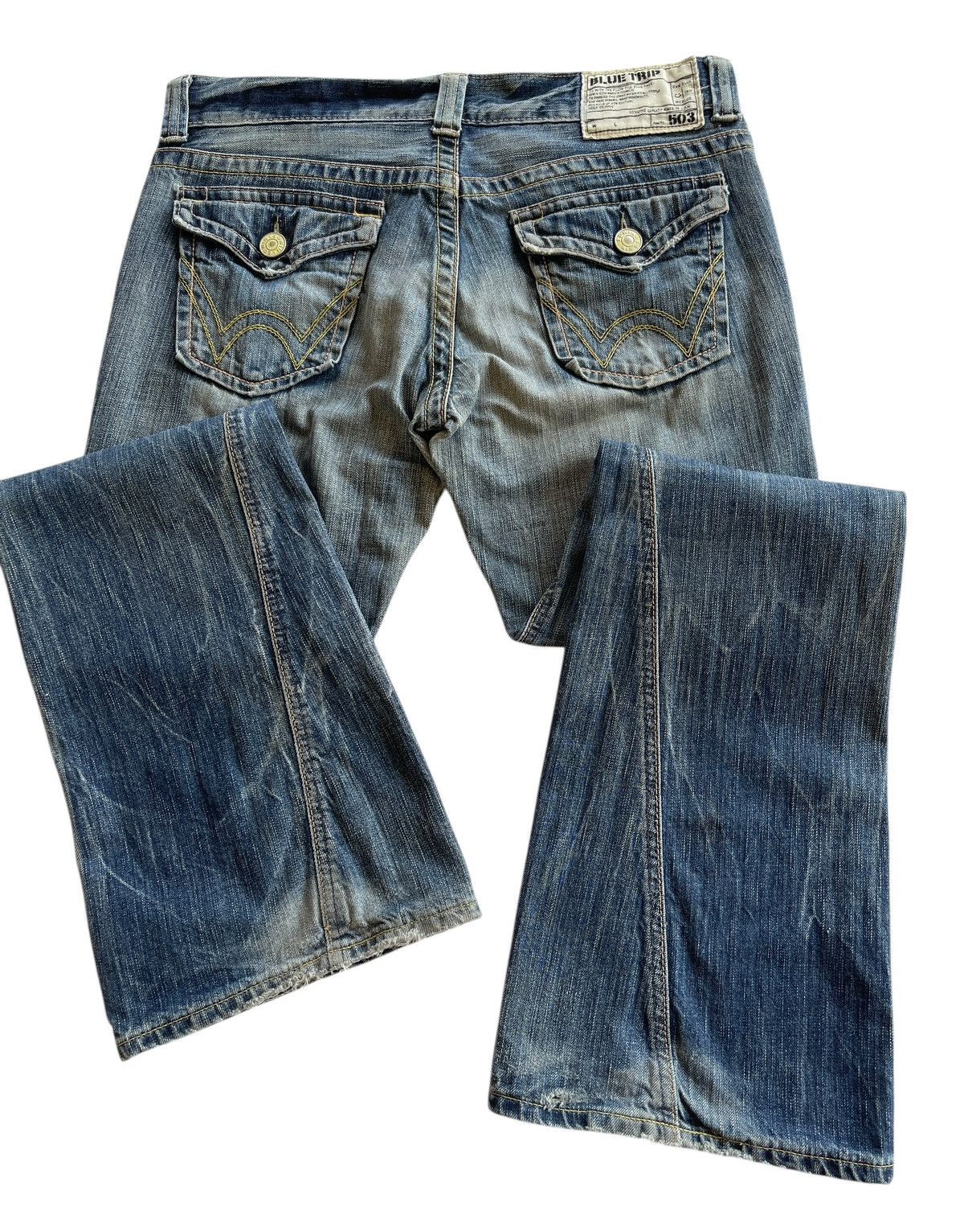 Japanese Brand Vintage Edwin 504 Blue Trip Flare Distressed Denim Size US 32 / EU 48 - 13 Thumbnail