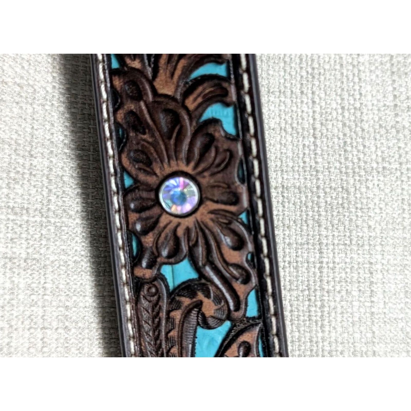Ariat VINTAGE Ariat western belt TOOLED leather 38 brown floral cut-out rhinestone studded buckle western belt for Unisex Adults Mens Womens Size 38 - 4 Thumbnail
