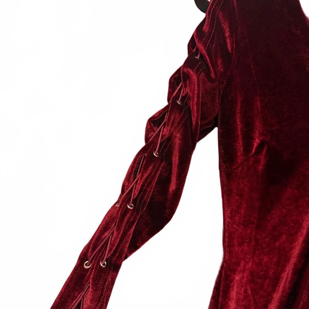 Designer Elegant Burgundy Velvet Dress with Lace-Up Sleeves Size S / US 4 / IT 40 - 2 Thumbnail