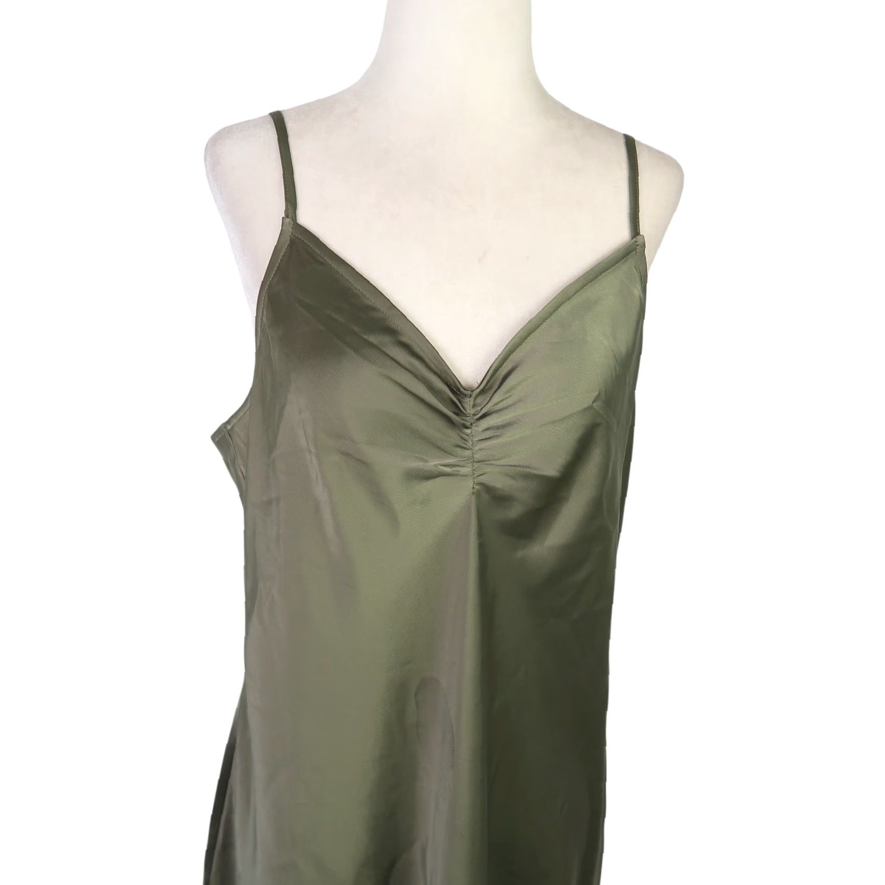 Banana Republic Satin Midi Slip Dress Green Olive Green Polyester  Sleeveless V-Neck Tall Medium Womens Dress Concrete: 50\" Length