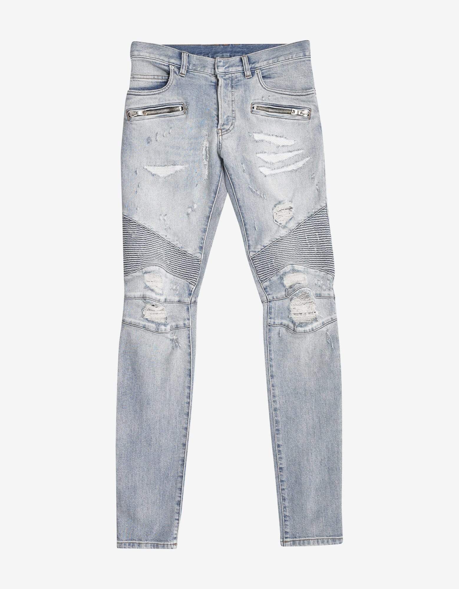 image of Balmain Light Blue Repaired Biker Jeans, Men's (Size 34)