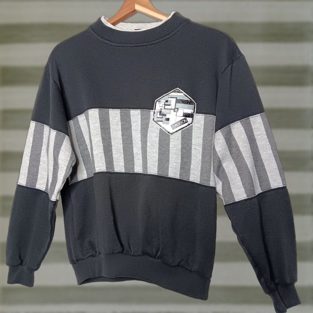 Vintage VINTAGE 80s Unisex Sweatshirt Crew Neck Black Gray Stripe Polyester Cotton Knit PullOver M Regular Men Size US M / EU 48-50 / 2 - 1 Thumbnail