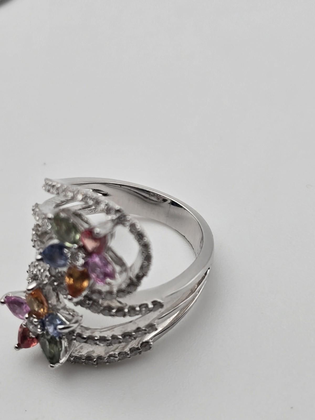 The Unbranded Brand 18k White Gold Floral Ring Rainbow Sapphire Diamond 1.8 ctw Size ONE SIZE - 9 Thumbnail