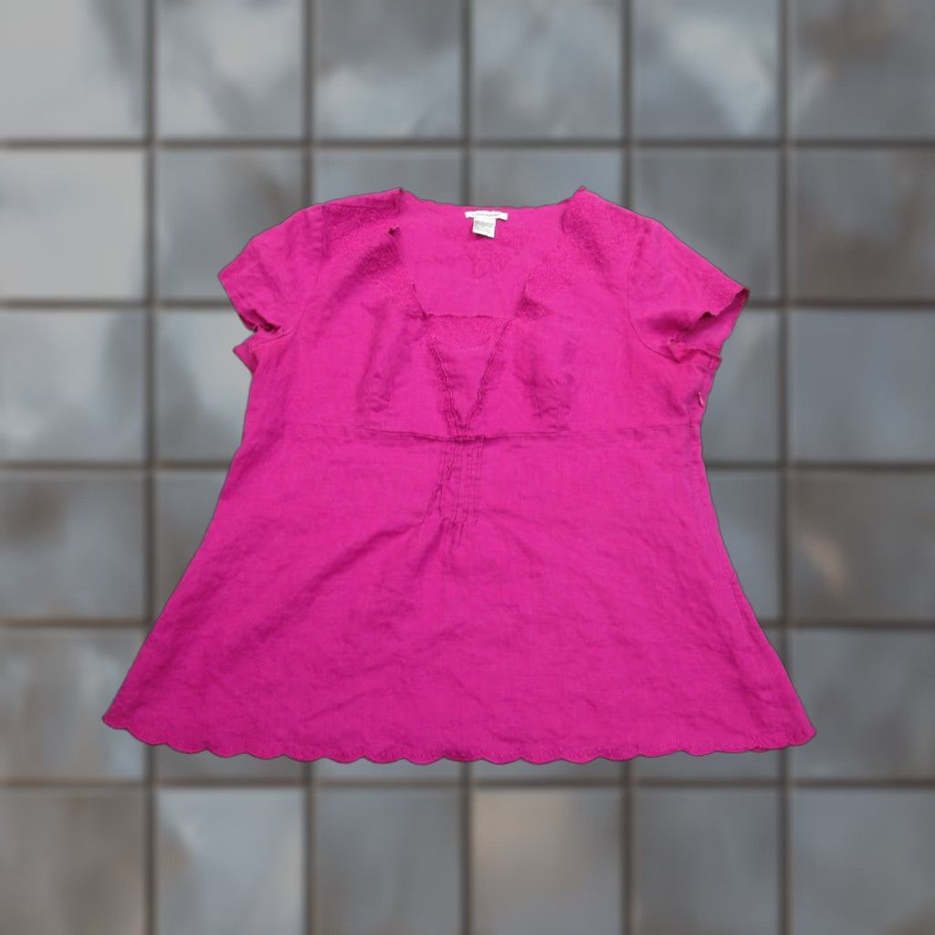 Vintage Richard Malcolm Blouse Womens L Pink Linen Embroidered V Neck Top Scallop Hem Size L / US 10 / IT 46 - 1 Thumbnail