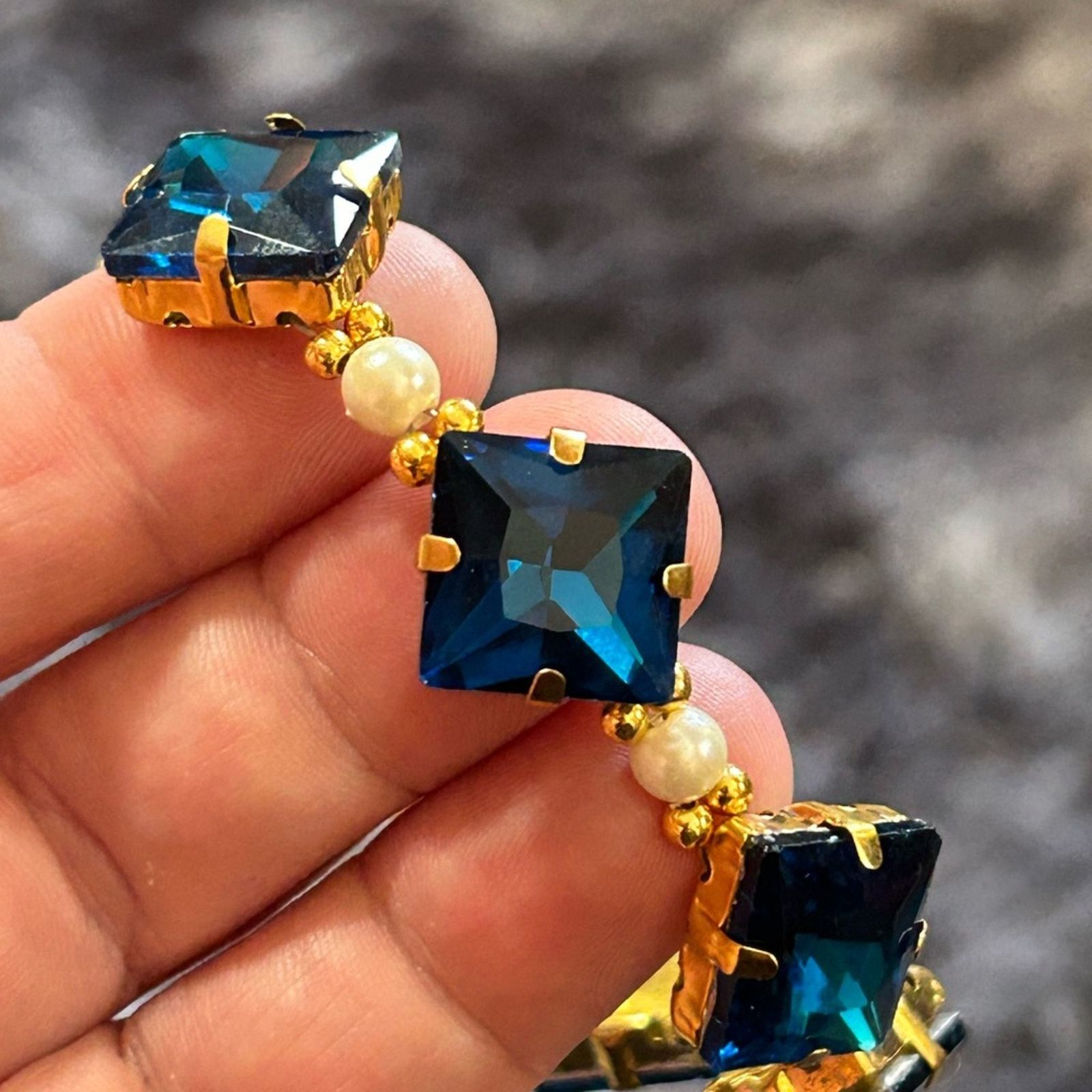 Handmade Handcrafted royal blue rhinestone faux pearl bracelet Size ONE SIZE - 7 Thumbnail