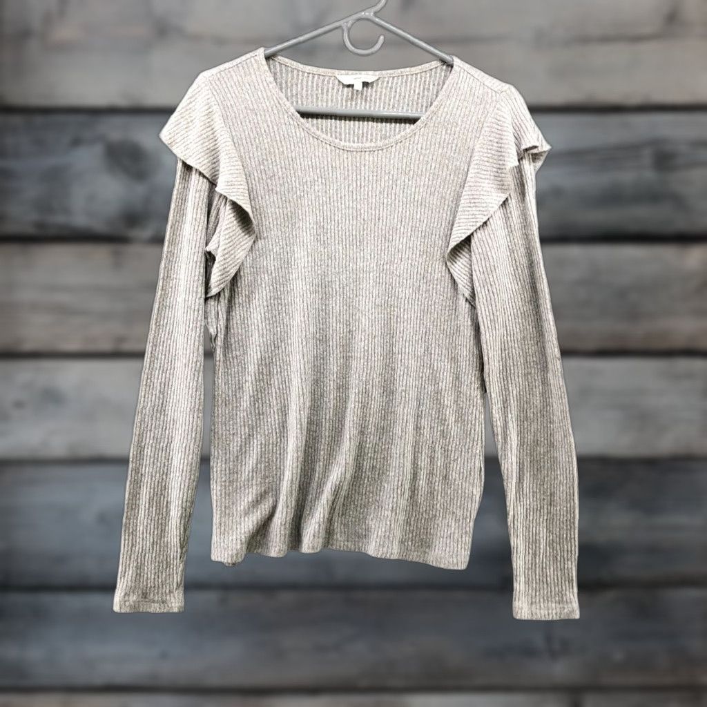 Lucky Brand Lucky Brand T Shirt Womens L Long Sleeve Ribbed Ruffle Gray Crewneck Knit Polyester Viscose Casual Basic US Size Large Size L / US 10 / IT 46 - 1 Thumbnail