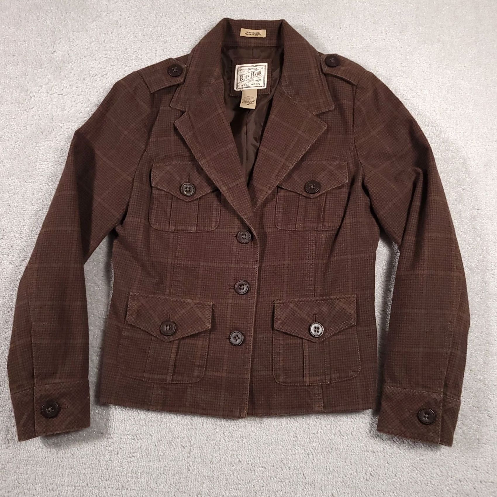 Vintage Ruff Hewn Blazer Jacket Women's M Brown Plaid 3 Button Front Well Worn Size M / US 6-8 / IT 42-44 - 2 Thumbnail