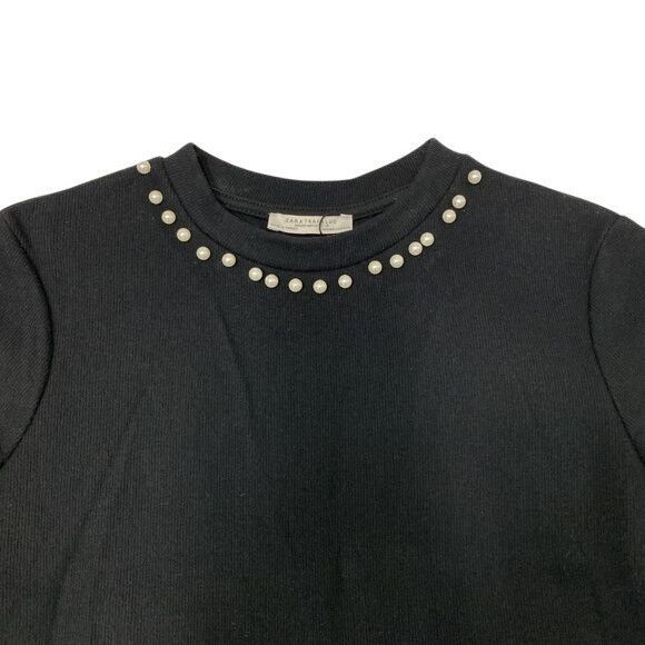 Zara Trafaluc Black Pearl-Embellished Ribbed Knit Sweater To