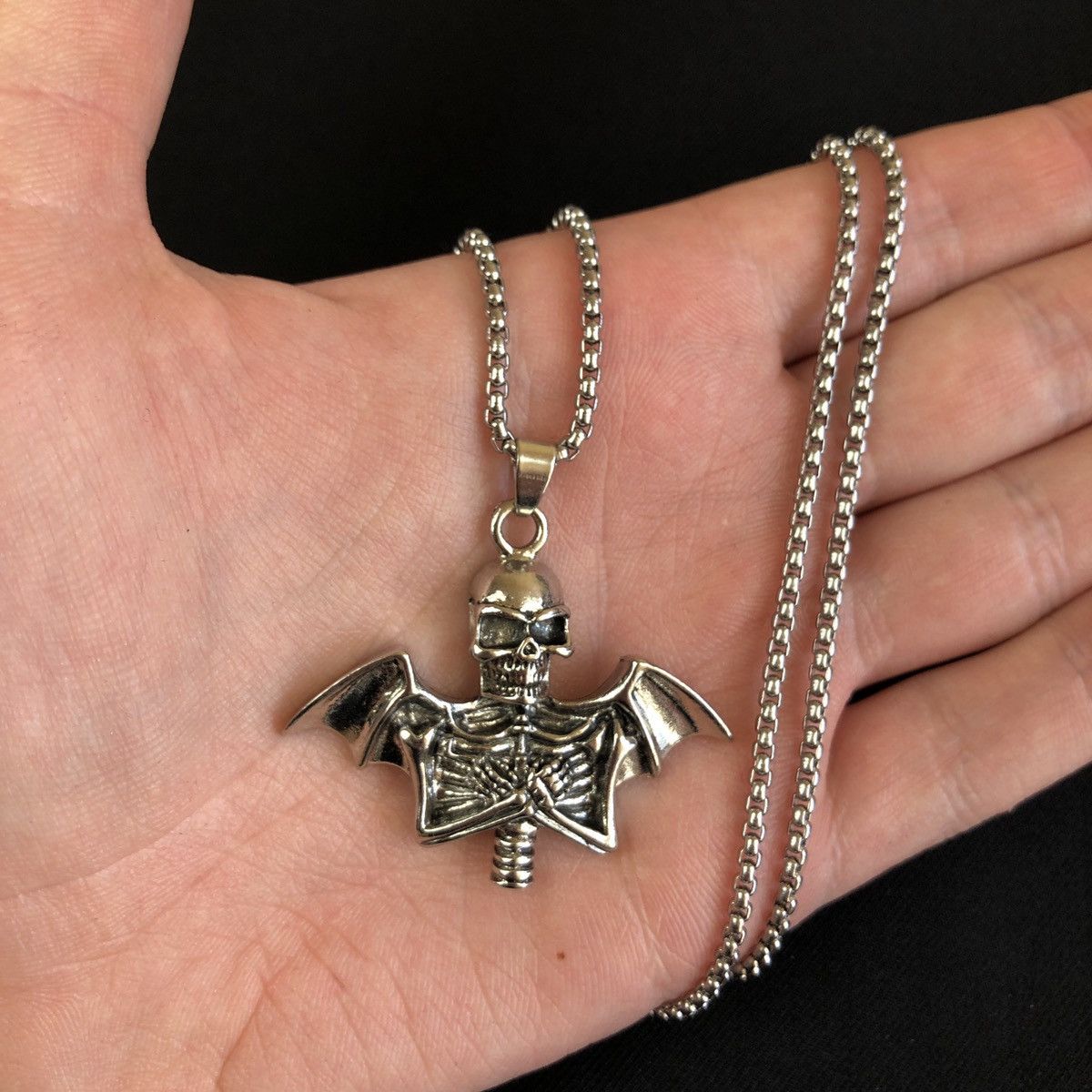 Jewelry Skeleton Wings Skull Necklace Gothic Chain in Silver, Men's