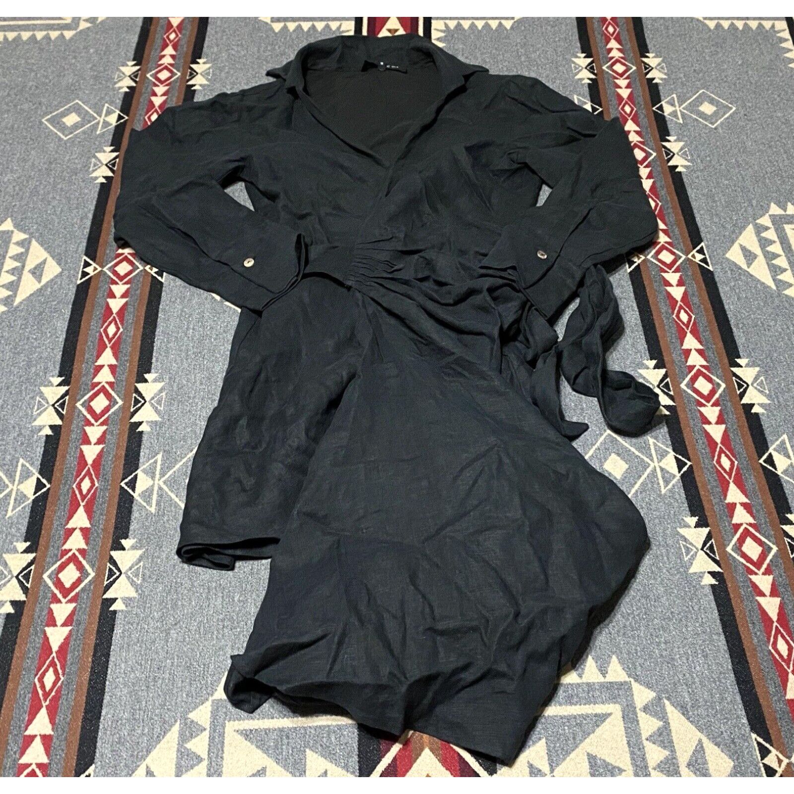 image of Vintage Just Bee Queen 100% Linen Wrap Midi Dress Size M Black Made In Usa T53 in White, Women's